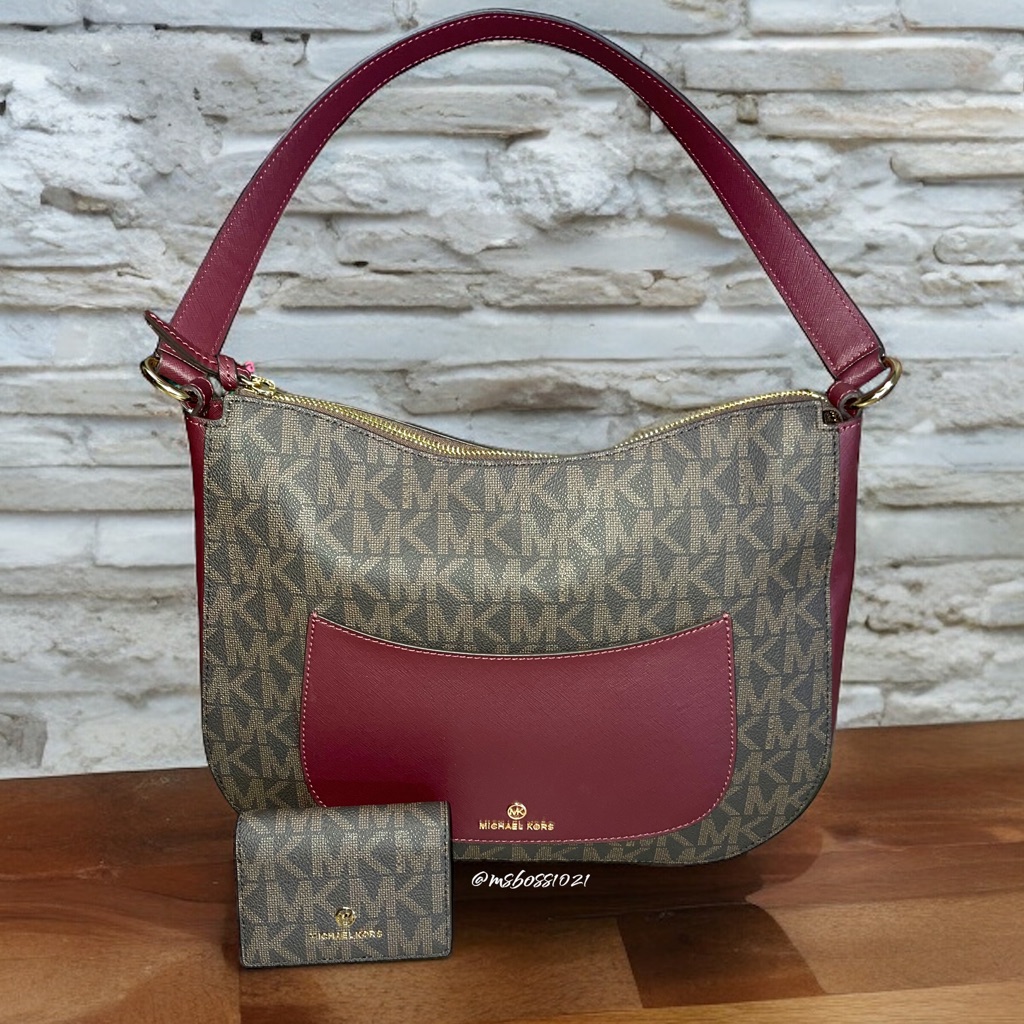 Michael Kors Set Eden Hobo Bag Brown/Merlot + Id Case Brand New